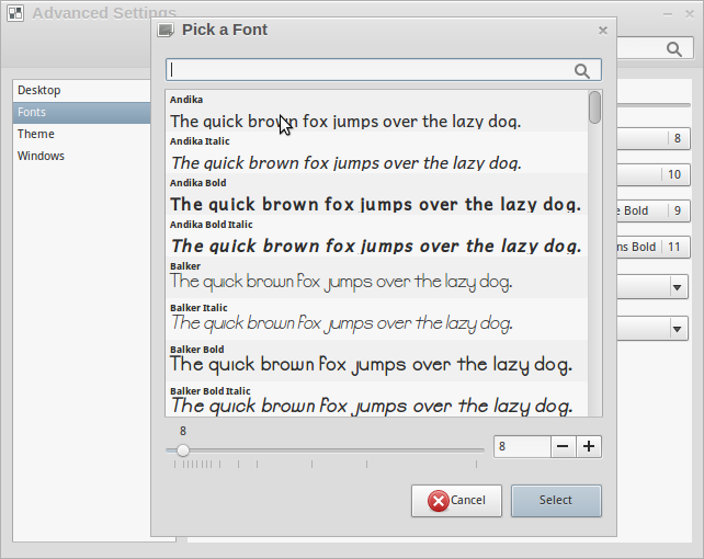 Font Selection window