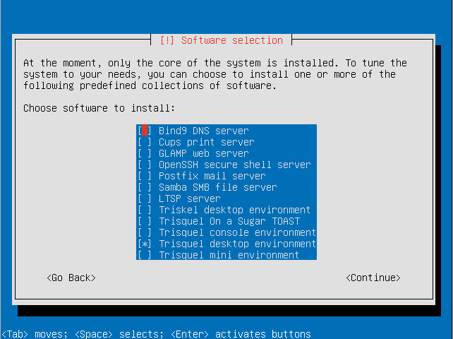 Screenshot of installer titled software selection.